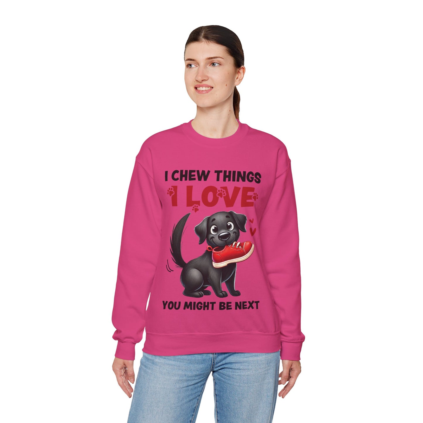 Funny Pet Dog Crewneck Sweatshirt – I Chew Things I Love You Might Be Next (Cute Black Dog with Shoe) | Pet Owner Lover Gift