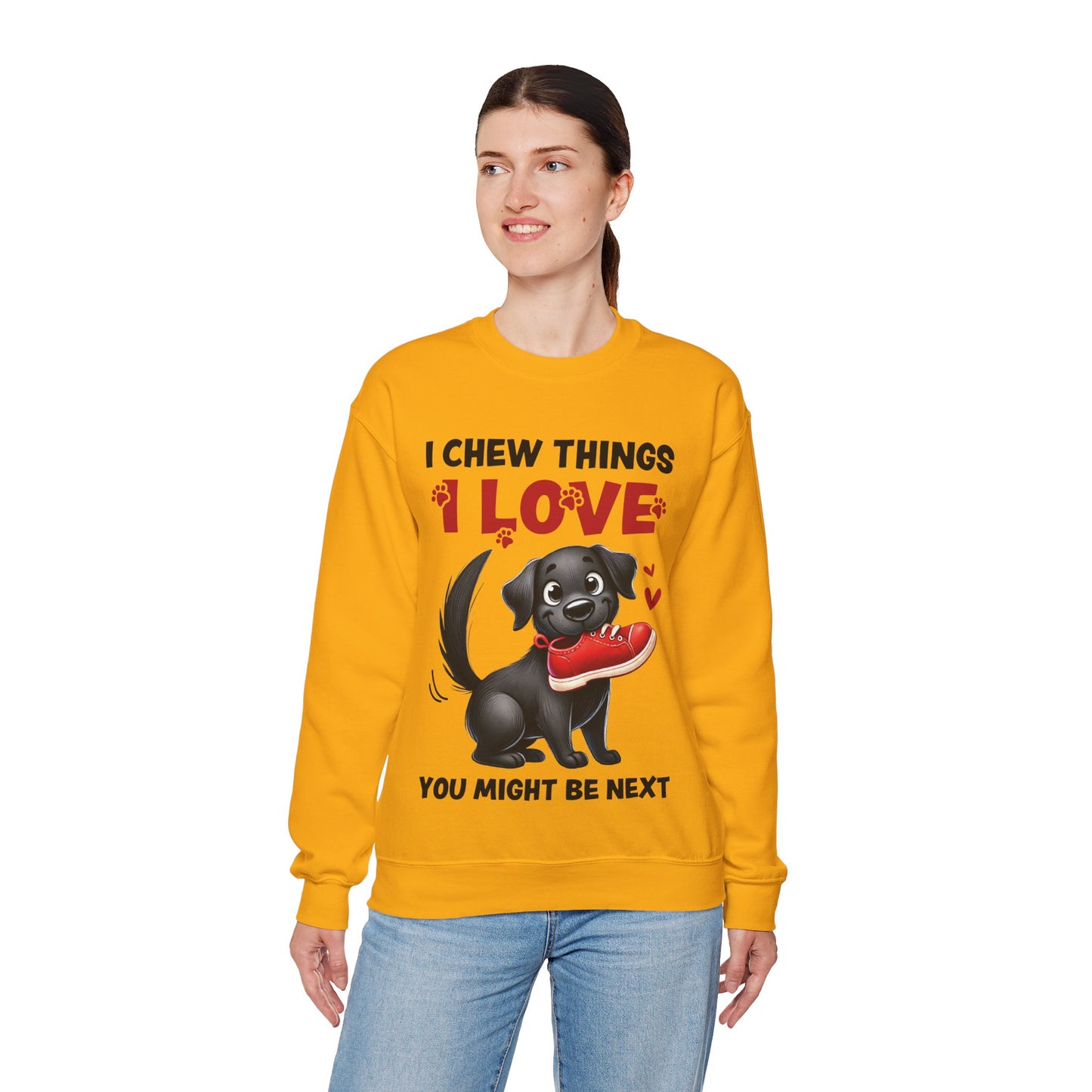 Funny Pet Dog Crewneck Sweatshirt – I Chew Things I Love You Might Be Next (Cute Black Dog with Shoe) | Pet Owner Lover Gift