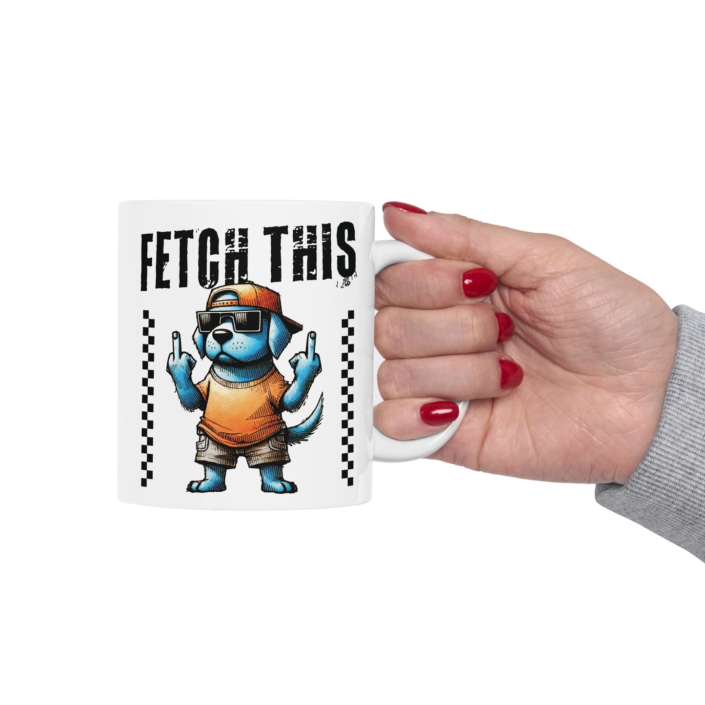 Funny Dog Fetch This Art Ceramic Mug (11oz/15oz) – Bold Checkerboard Graphic Coffee Cup