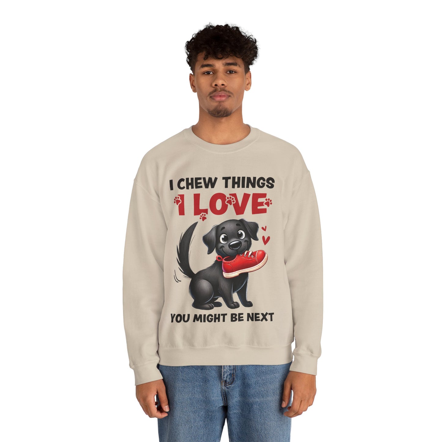 Funny Pet Dog Crewneck Sweatshirt – I Chew Things I Love You Might Be Next (Cute Black Dog with Shoe) | Pet Owner Lover Gift