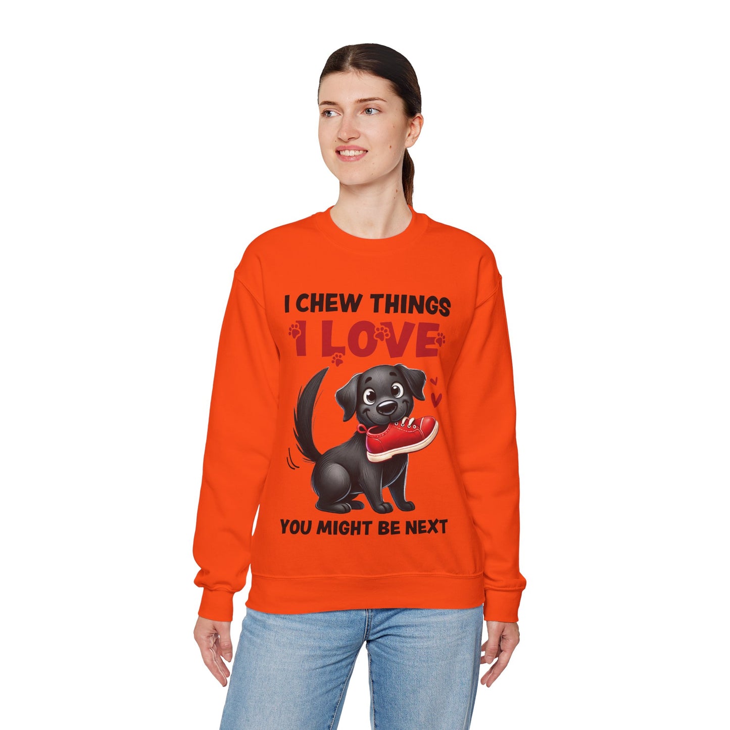 Funny Pet Dog Crewneck Sweatshirt – I Chew Things I Love You Might Be Next (Cute Black Dog with Shoe) | Pet Owner Lover Gift