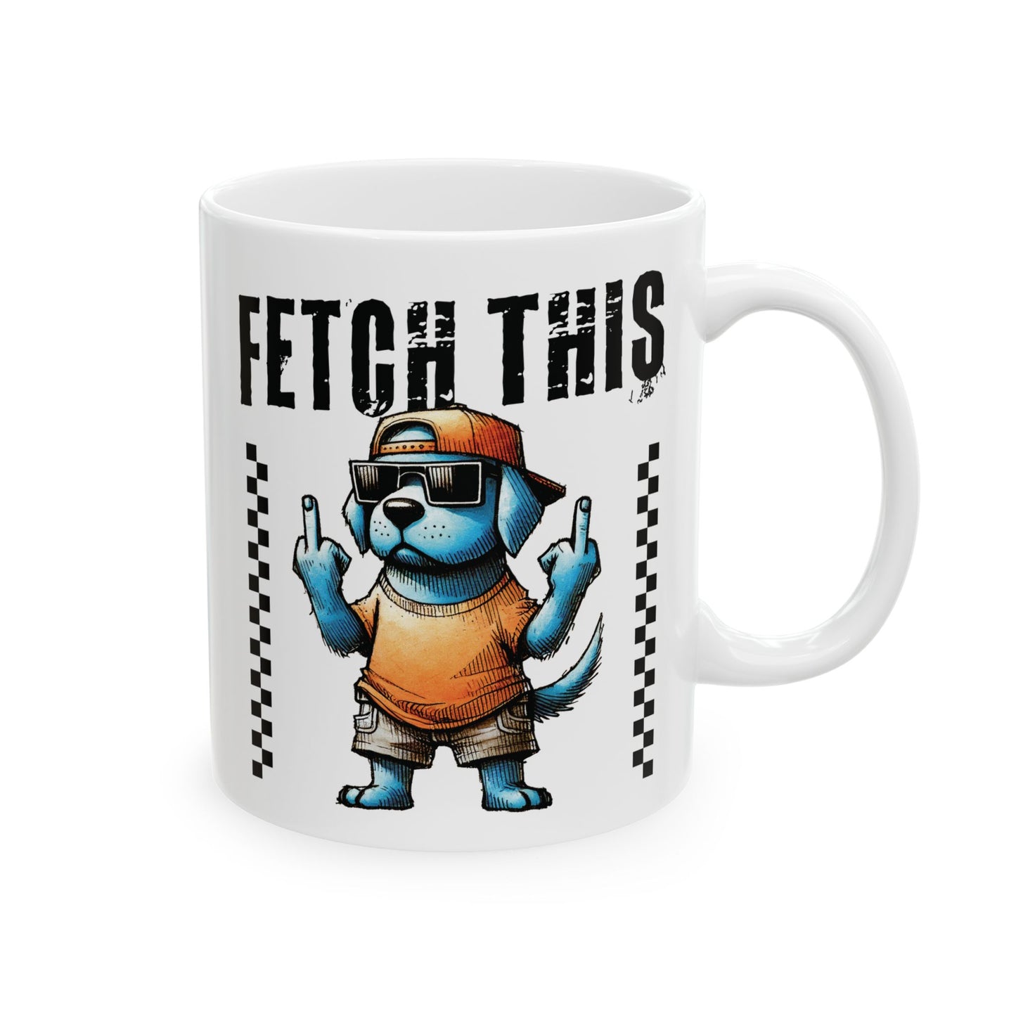 Funny Dog Fetch This Art Ceramic Mug (11oz/15oz) – Bold Checkerboard Graphic Coffee Cup
