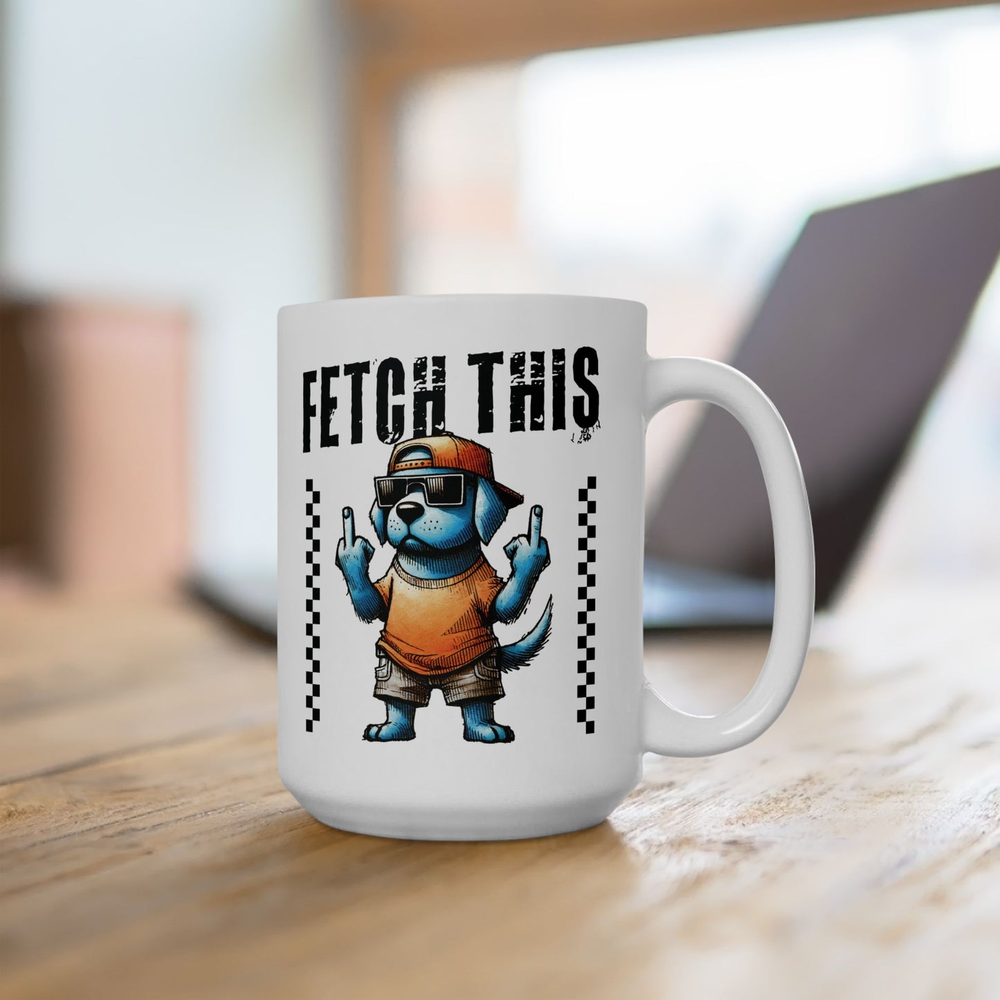 Funny Dog Fetch This Art Ceramic Mug (11oz/15oz) – Bold Checkerboard Graphic Coffee Cup