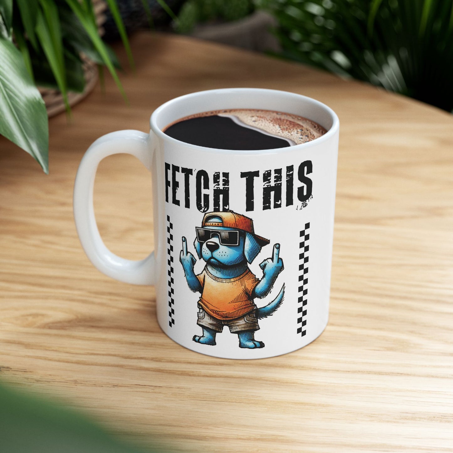 Funny Dog Fetch This Art Ceramic Mug (11oz/15oz) – Bold Checkerboard Graphic Coffee Cup