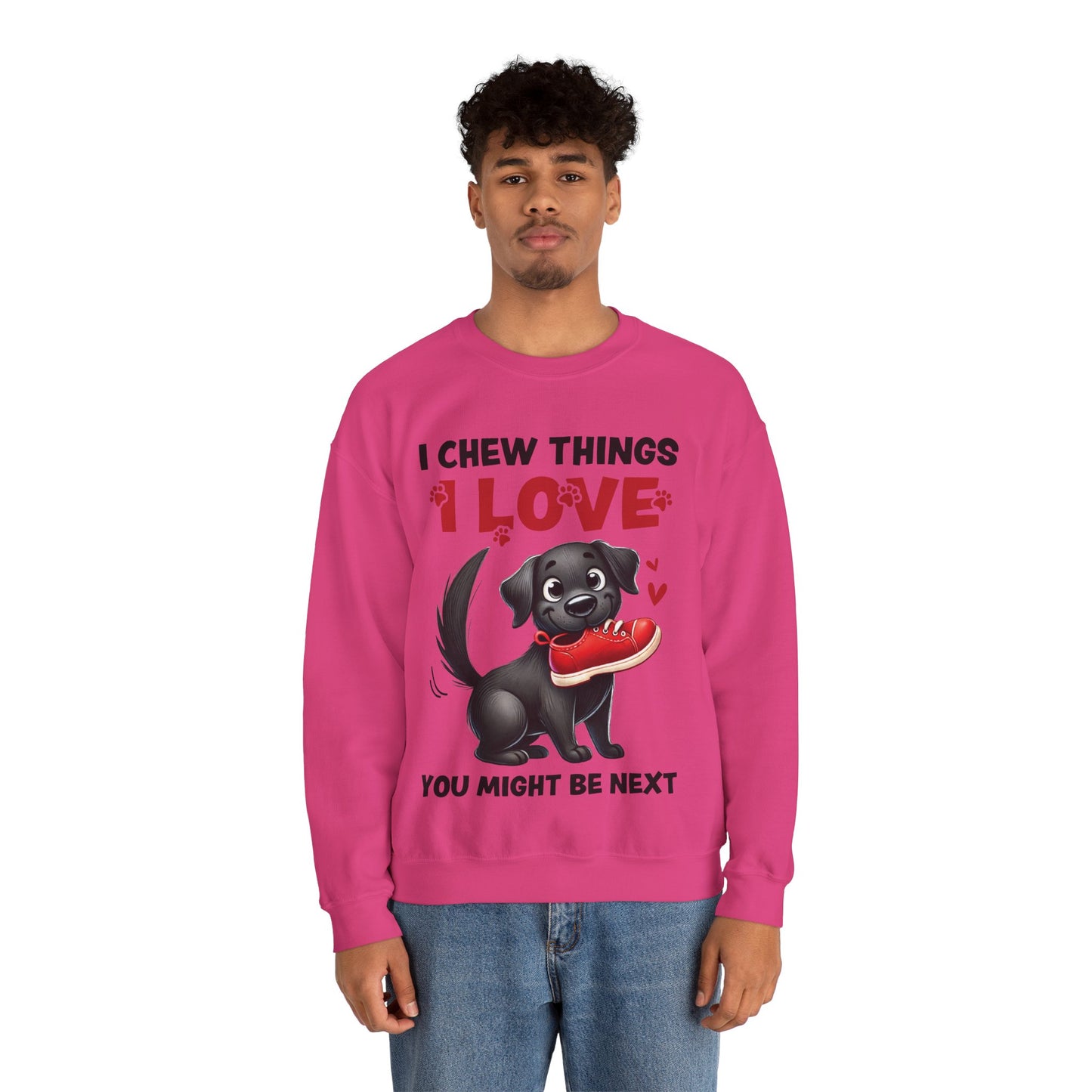 Funny Pet Dog Crewneck Sweatshirt – I Chew Things I Love You Might Be Next (Cute Black Dog with Shoe) | Pet Owner Lover Gift