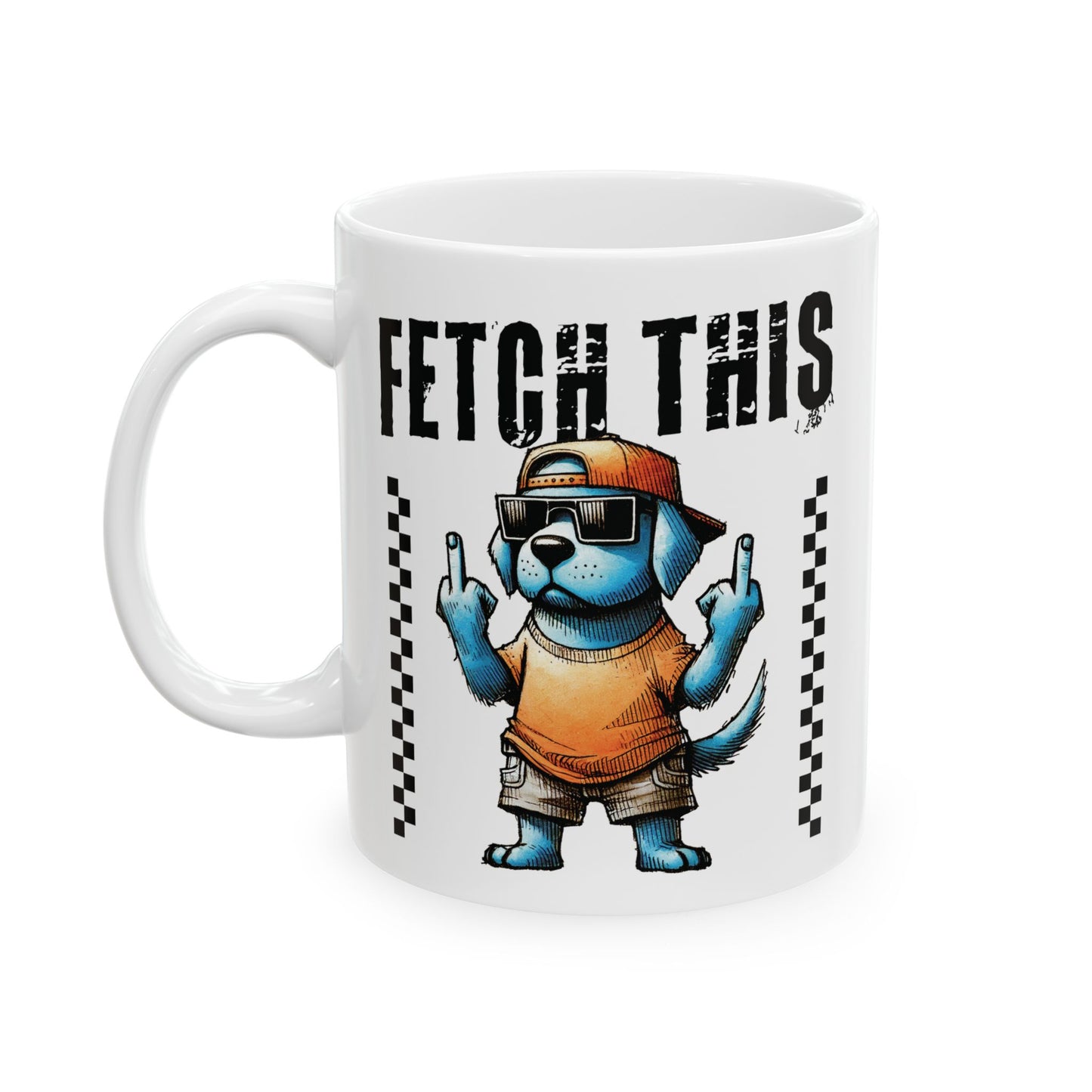 Funny Dog Fetch This Art Ceramic Mug (11oz/15oz) – Bold Checkerboard Graphic Coffee Cup
