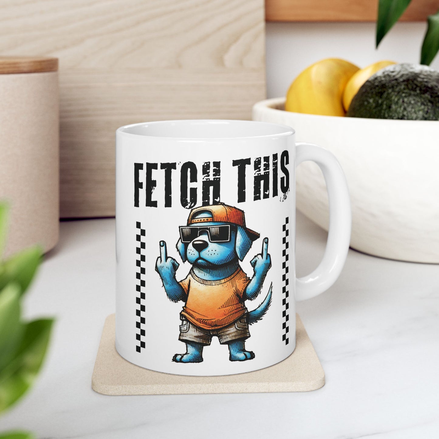 Funny Dog Fetch This Art Ceramic Mug (11oz/15oz) – Bold Checkerboard Graphic Coffee Cup